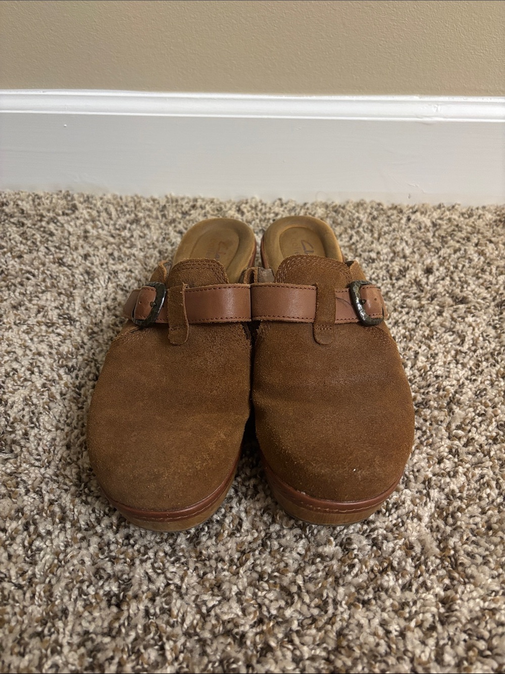 Clarks Brown Suede Slip-On Clogs with Buckle